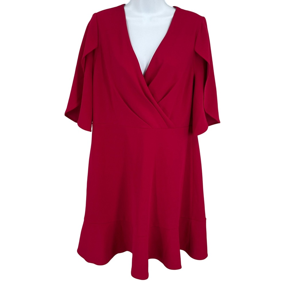 DKNY Dress Womens 14 Red Flutter Sleeve Ruffle Hem V-Neck Zip Preppy Vibrant